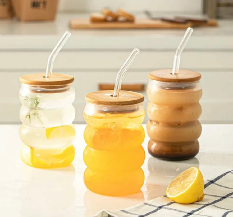 Spiral Aesthetic Coffee Glass with Bamboo Lid & Straw