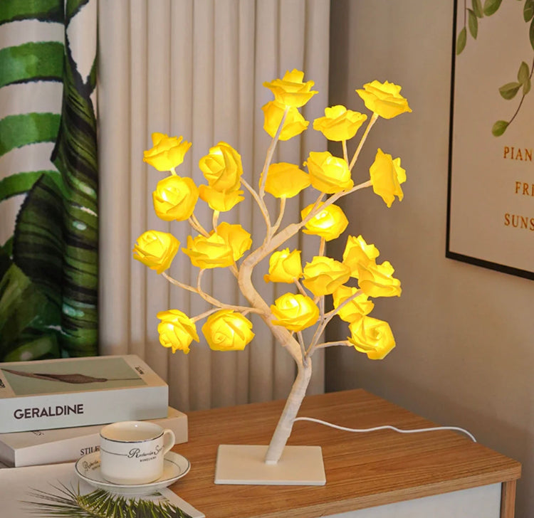 24 LED Rose Lamp Tree Table Top for Home Decor with White Metal Base
