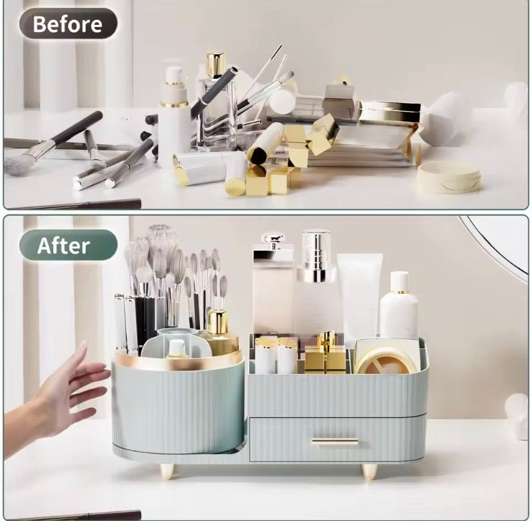 360 Rotating Cosmetics Storage Brushes Organizer with Drawer & Dustproof Lid