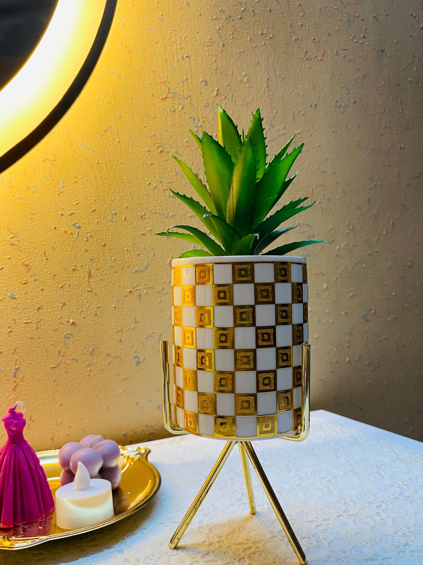 White with Gold Metal flower pot