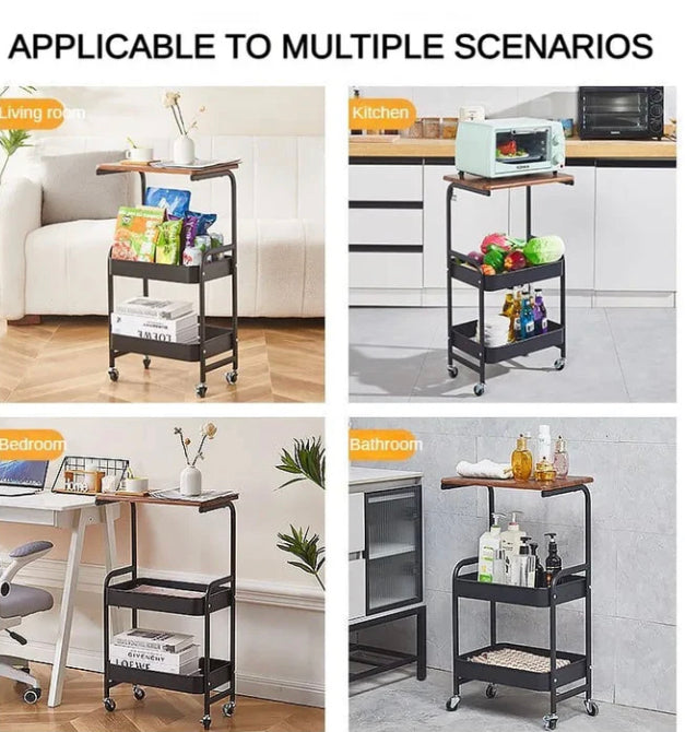 3 Tier Metal Rolling Trolley Cart with Wooden Top