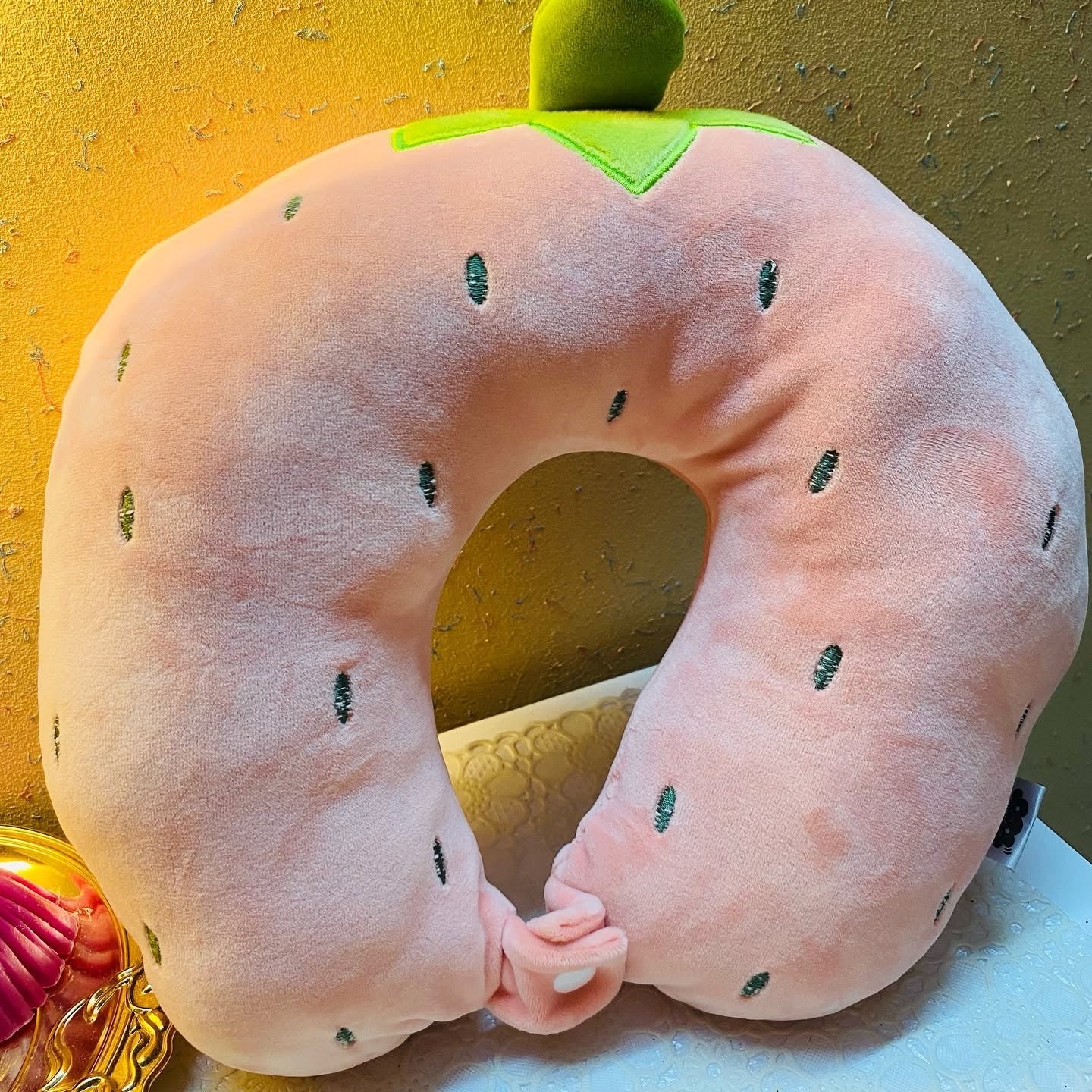 Pink Strawberry U-Shaped Travel Neck Pillow with Eye Mask