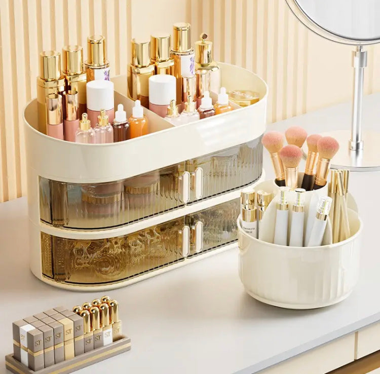 Cream Style Cosmetics Makeup Organizer with Rotating Brush Holder