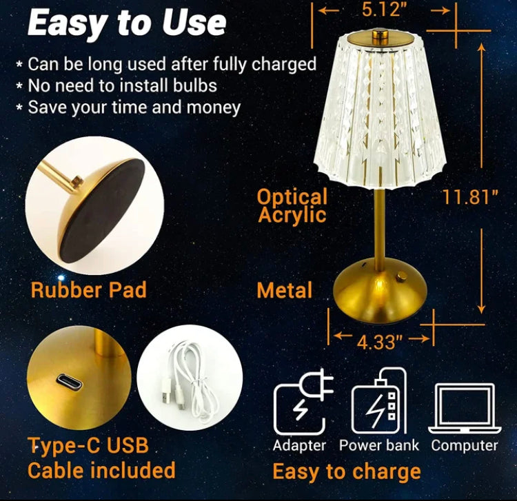 Metal LED Touch Diamond Table Lamp Rechargeable with 3 Lightening Modes