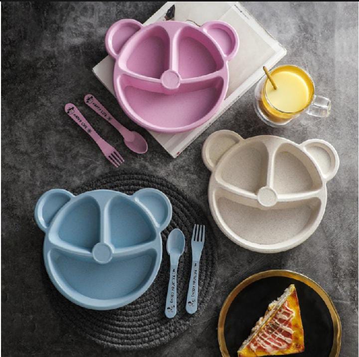 5 Pcs Cartoon Compartment Bear Plate with Fork & Spoon