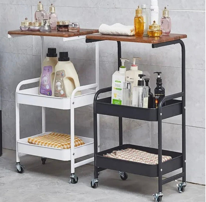 3 Tier Metal Rolling Trolley Cart with Wooden Top