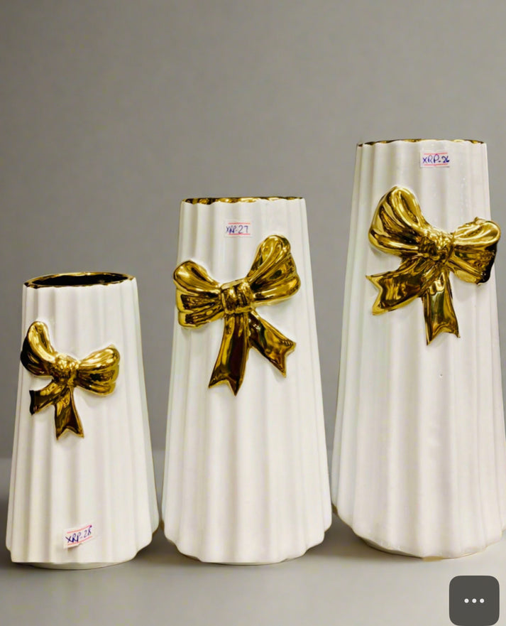 3 Pcs White with Gold Bow Flower Vases for Home Decor
