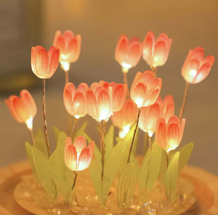 Tulip Flower Night Light Lamp with Wooden base for Home Decoration