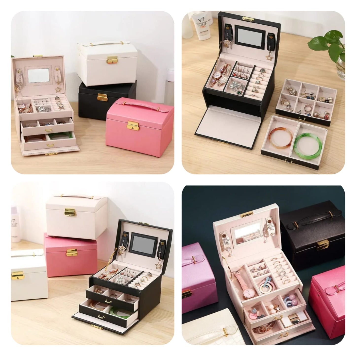 Three Layer Mirror Leather Jewellery Box Imported High Quality