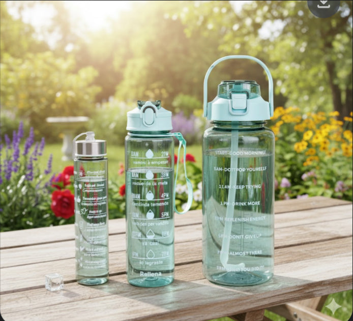 3 Pcs Motivational Transparent Water Bottle Set with Straw & Stickers