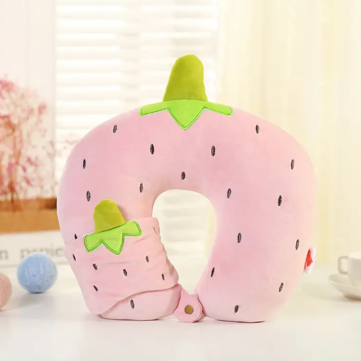 Pink Strawberry U-Shaped Travel Neck Pillow with Eye Mask