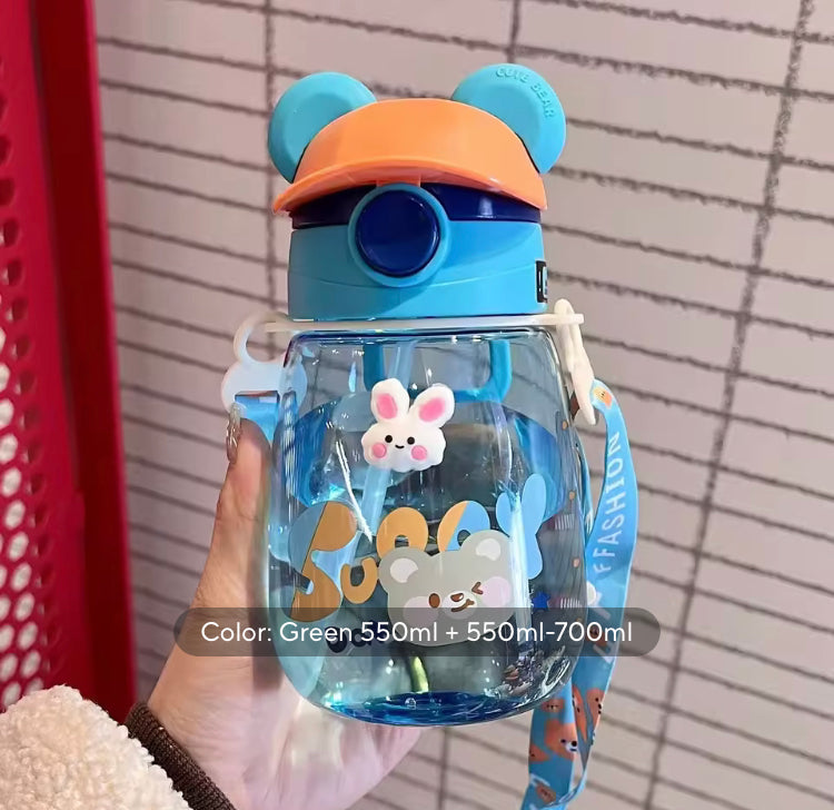 550ml Cute Water Bottle for Kids with Straw & Strap