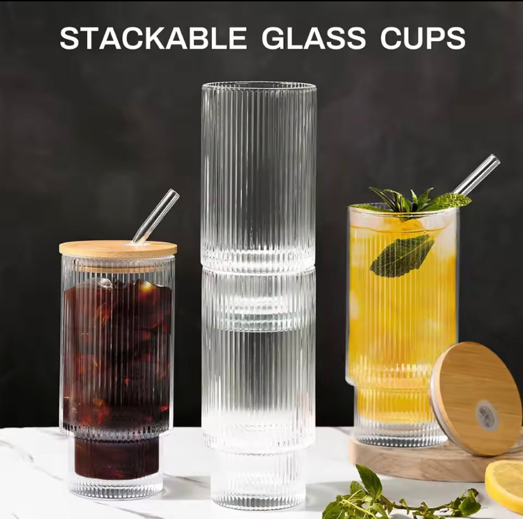 Large Capacity Coffee Glass with Wooden Lid & Straw