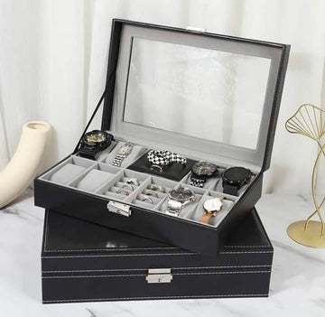 2 in 1 Leather 8 Slots Watch & Ring Box Organizer with Lock