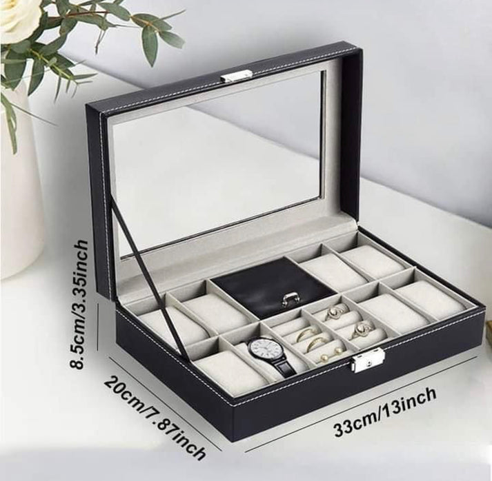 2 in 1 Leather 8 Slots Watch & Ring Box Organizer with Lock