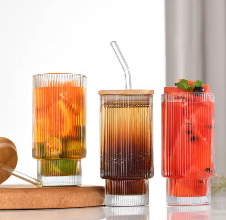 Large Capacity Coffee Glass with Wooden Lid & Straw