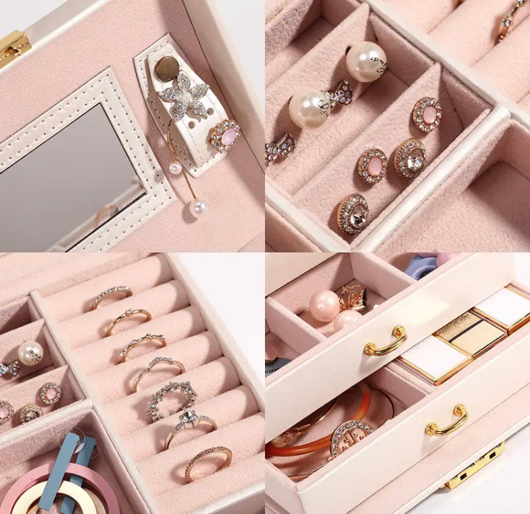 Three Layer Mirror Leather Jewellery Box Imported High Quality