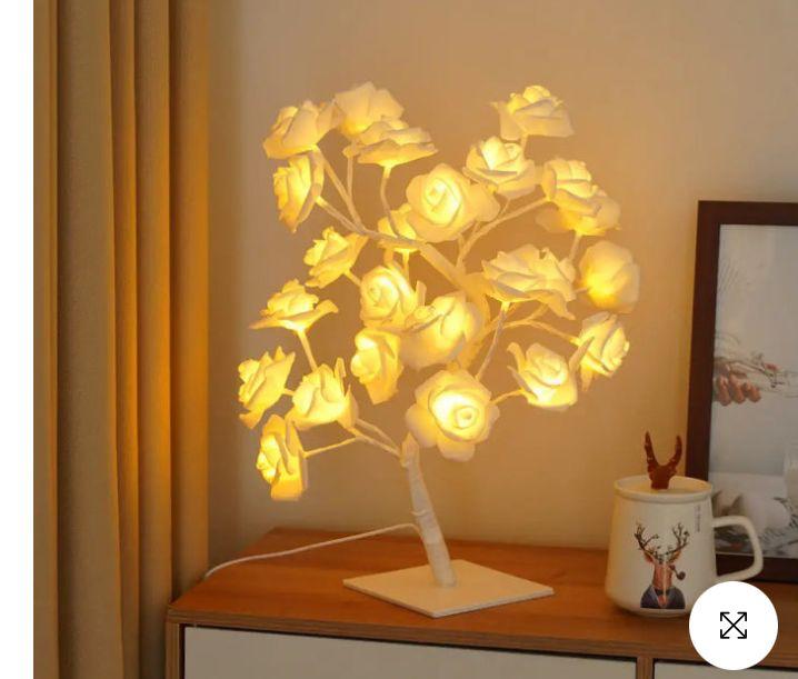 24 LED Rose Lamp Tree Table Top for Home Decor with White Metal Base