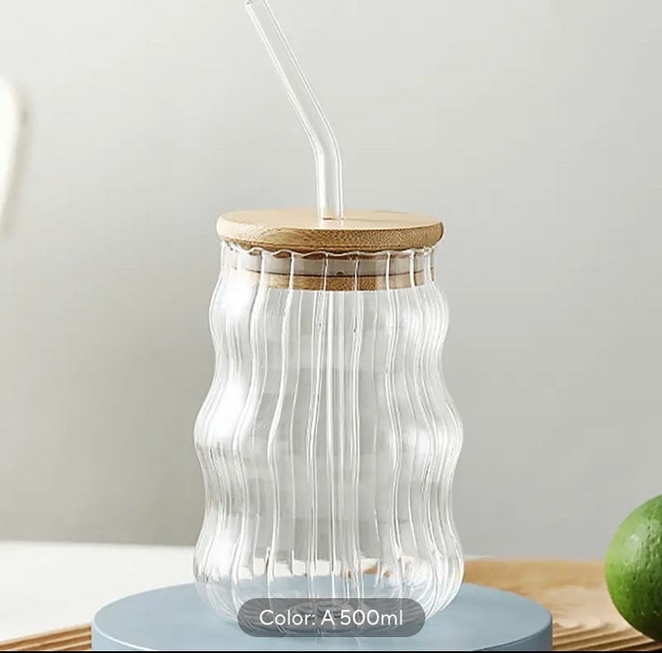 500ml Striped Aesthetic Coffee Glass with Lid & Straw