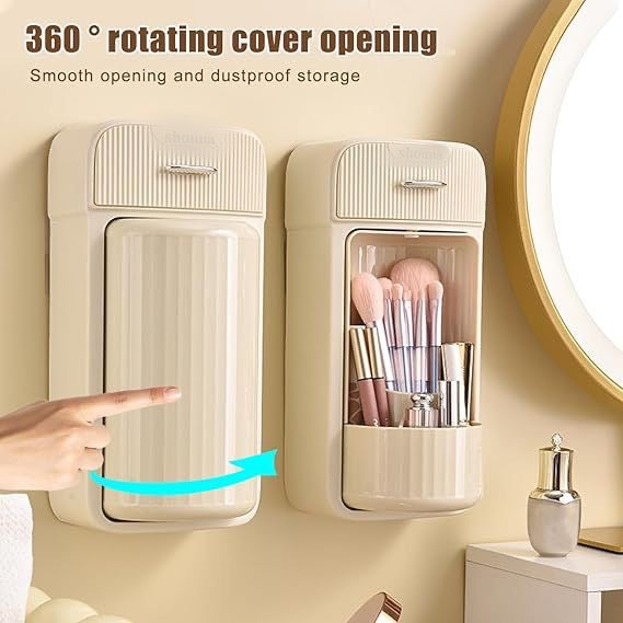 Wall Mounted Rotating Flip Makeup Brushes Holder with Drawer