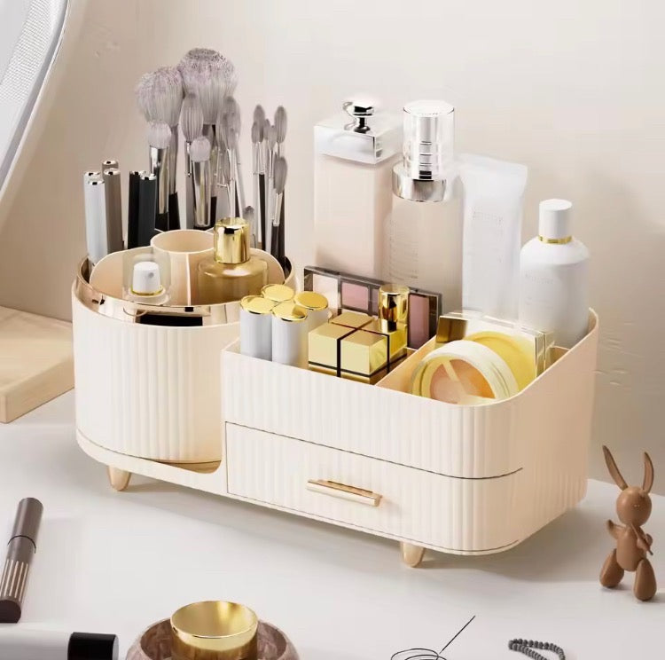 360 Rotating Cosmetics Storage Brushes Organizer with Drawer & Dustproof Lid