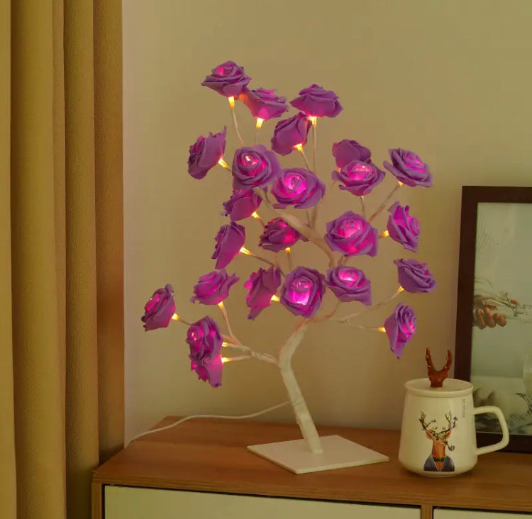 24 LED Rose Lamp Tree Table Top for Home Decor with White Metal Base