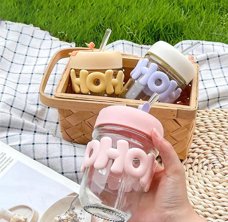 350ml Cute Cup Glass with Lid Straw Double Drinking Glass