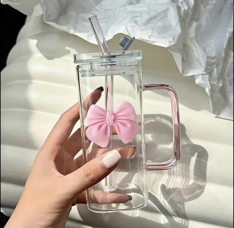 400ml Cute Clear Bow Coffee Glass with Lid & Straw