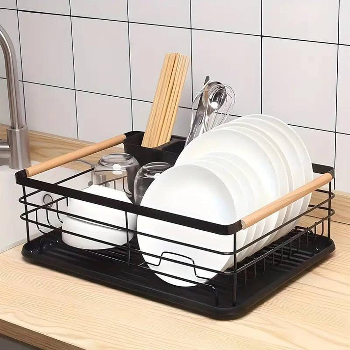 Kitchen Dish Drain Rack with Wooden Handles