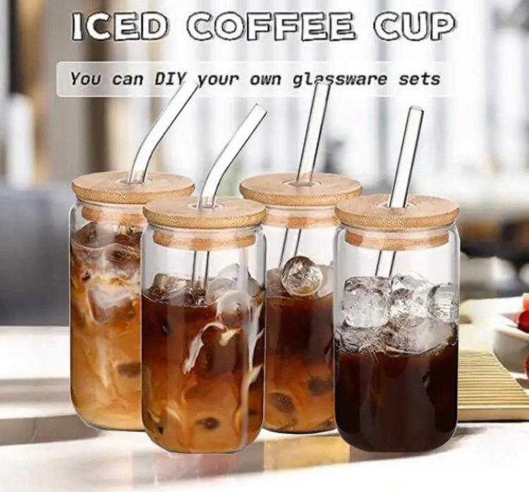 Aesthetic Coffee Glass with Bamboo Lid & Straw