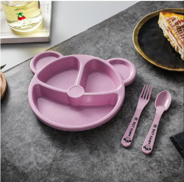 5 Pcs Cartoon Compartment Bear Plate with Fork & Spoon
