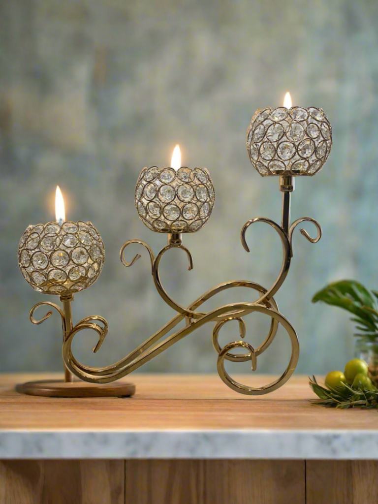 1pc 3 Arms Golden Crystal Candle Holder for Centre Table