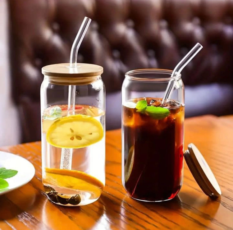 Aesthetic Coffee Glass with Bamboo Lid & Straw