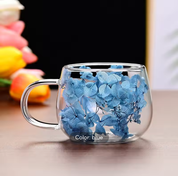 350ml Double Layer Dried Flowers Coffee Glass