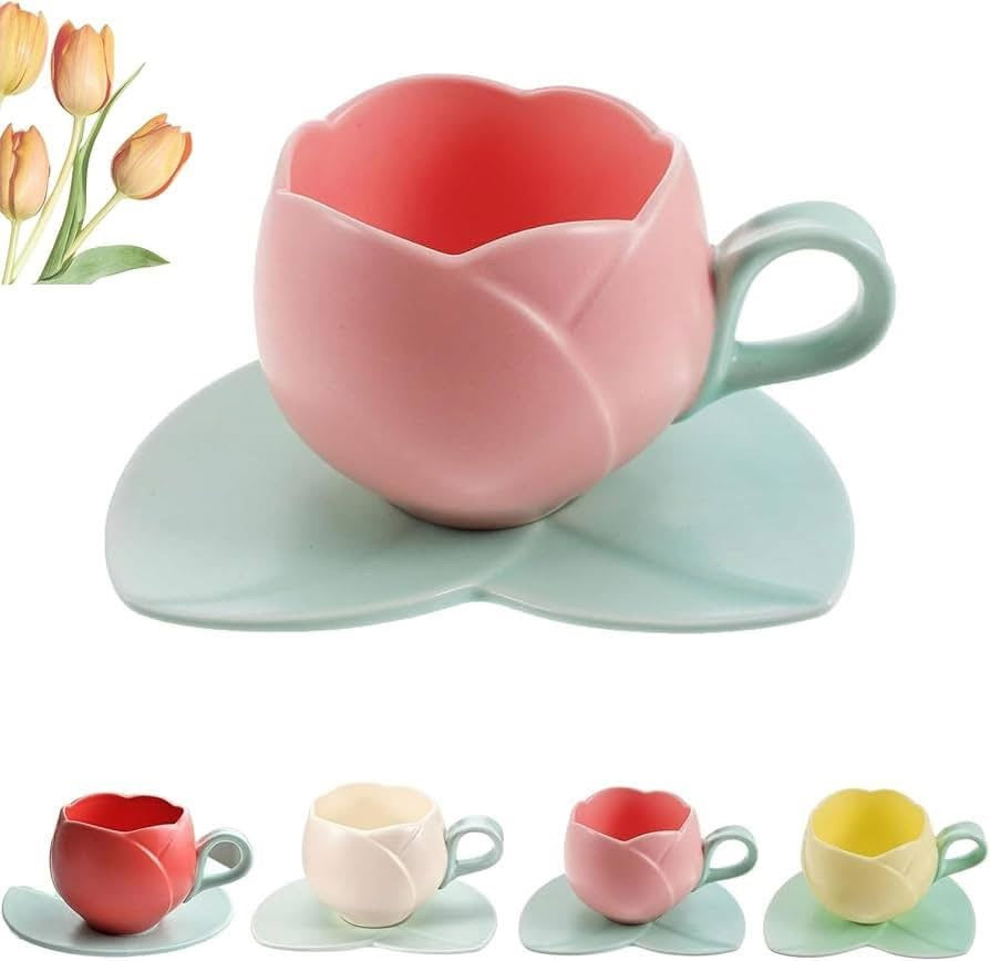 Ceramic Tulip Coffee Mug with Saucer