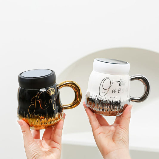 Ceramic King Queen Coffee Tea Mug with Lid