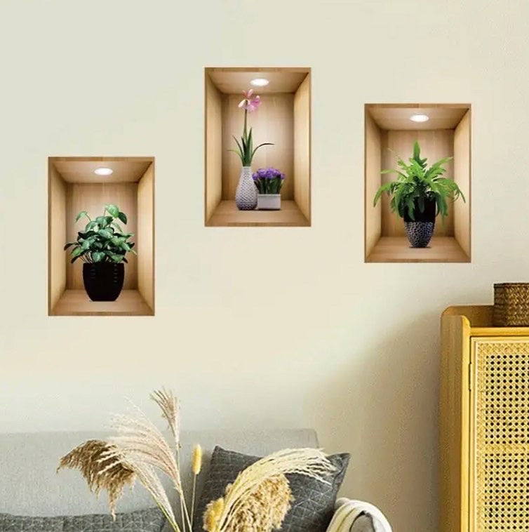 3pc/set 3d plant vase wall sticker home decoration