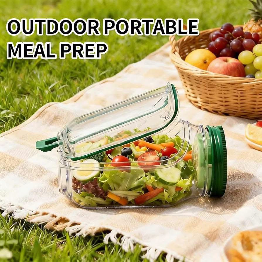 Side Opening Leakproof Salad Jar with Lid, Fork & Sauce Container