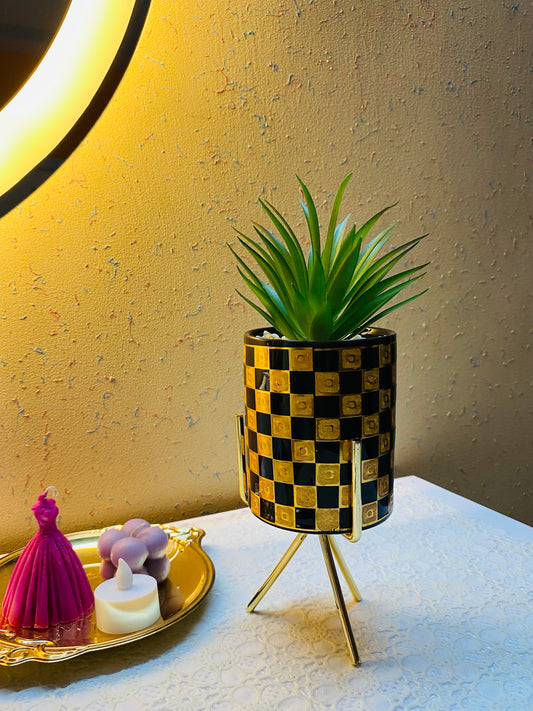 Black with Gold Metal Flower Pot