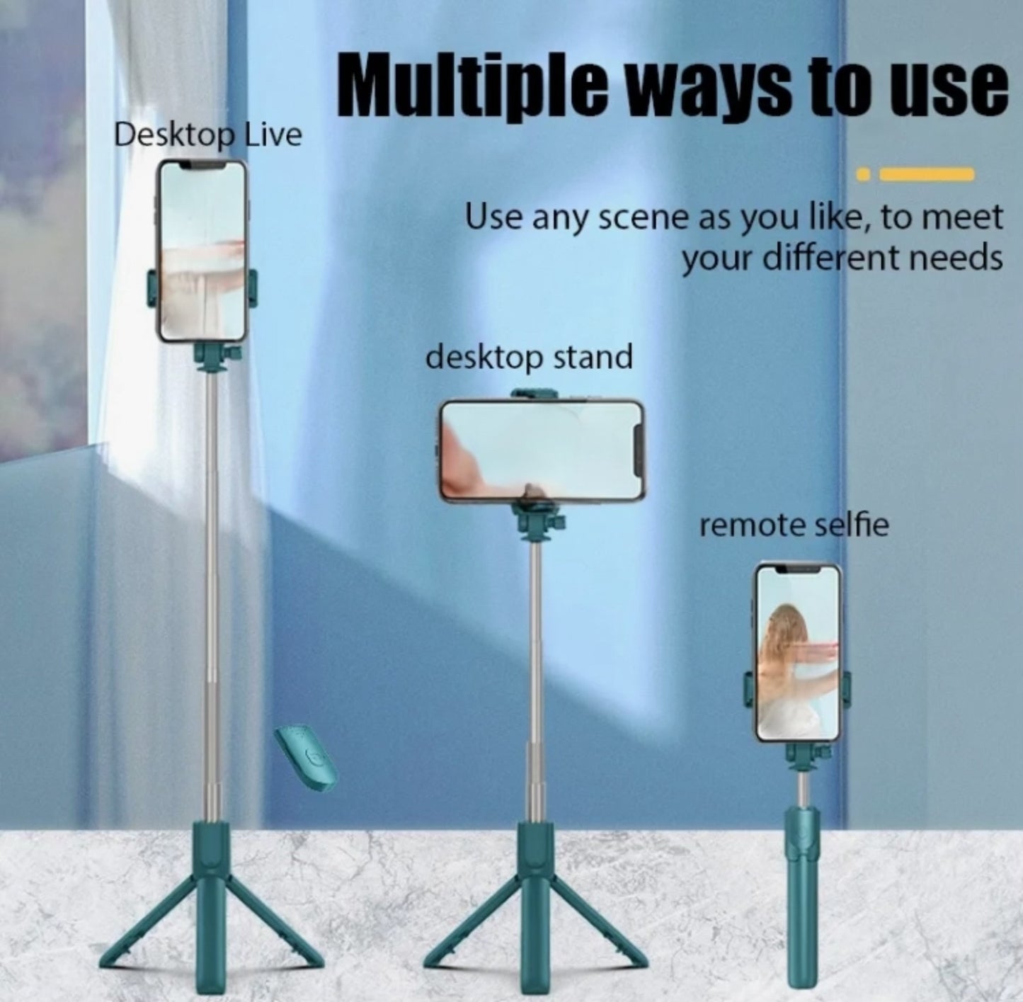 3 in 1 Portable Selfie Stick & Tripod Stand with Detachable Remote