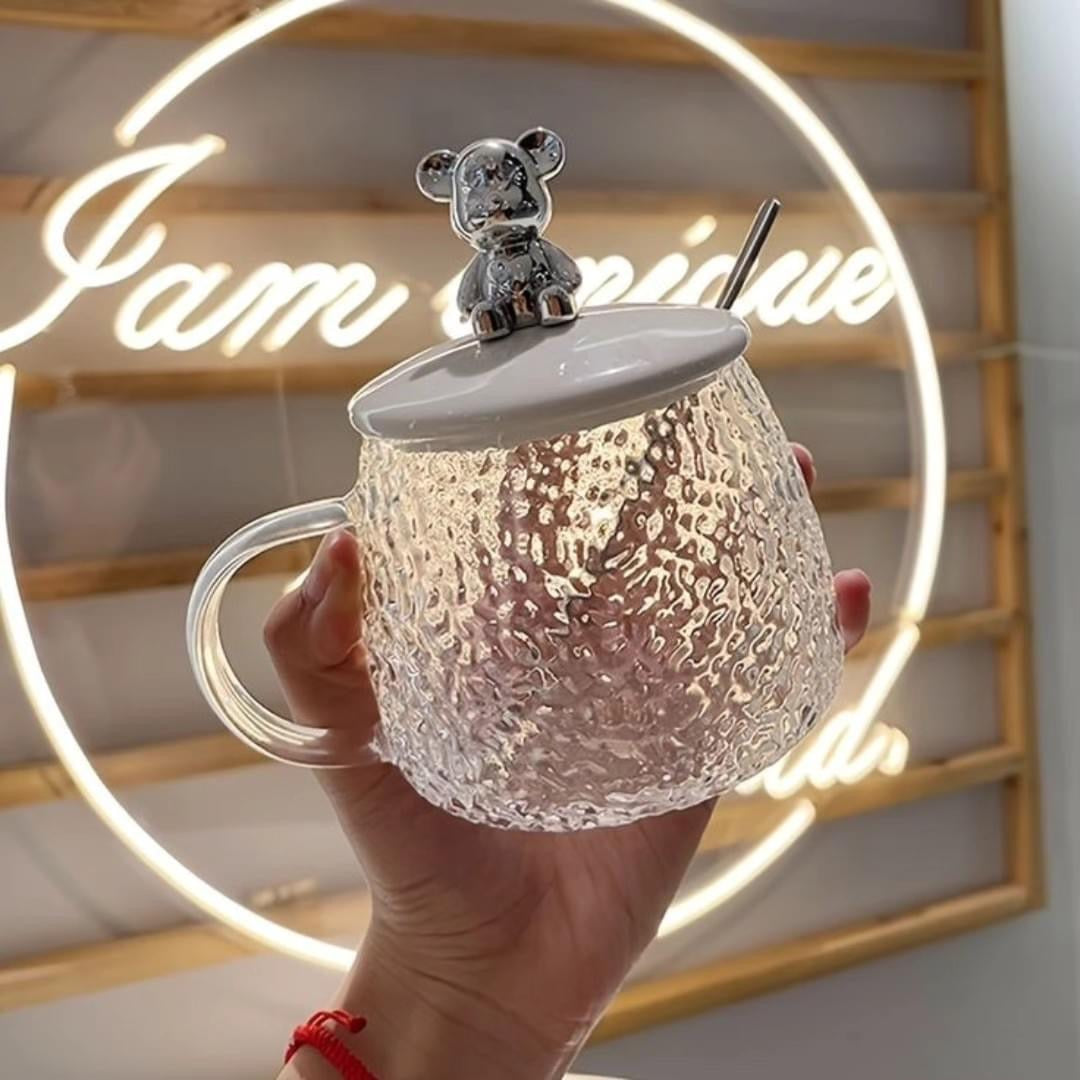 Glass Coffee Mug with Bear Lid & Spoon