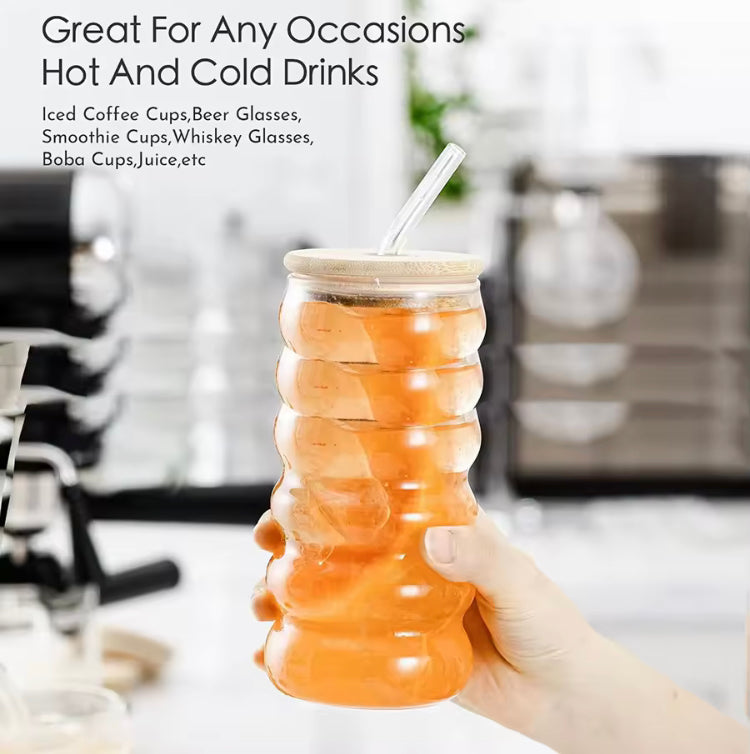 500ml Cloud Design Coffee Glass with Lid & Straw