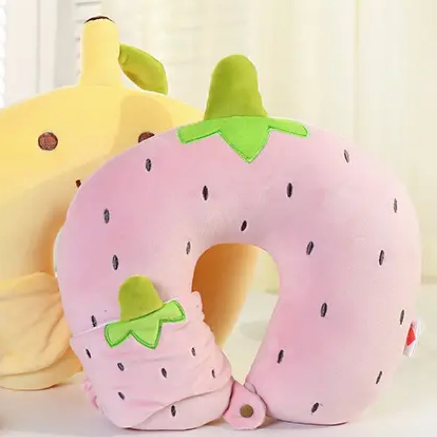 Pink Strawberry U-Shaped Travel Neck Pillow with Eye Mask