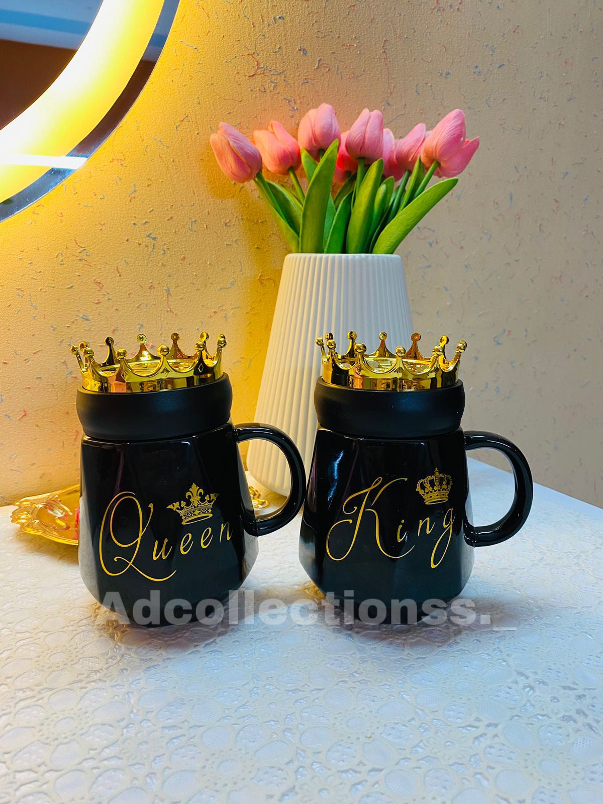 New King & Queen Crown Couple Mugs Set With Gift Box Packaging
