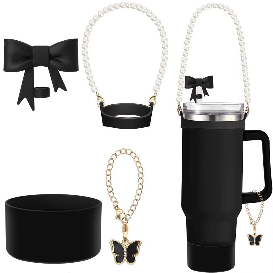 4 Pcs Accessories of Tumbler Mug Straw Cover, Butterfly Keychain, Pearl Handle & Silicone Protection Cover