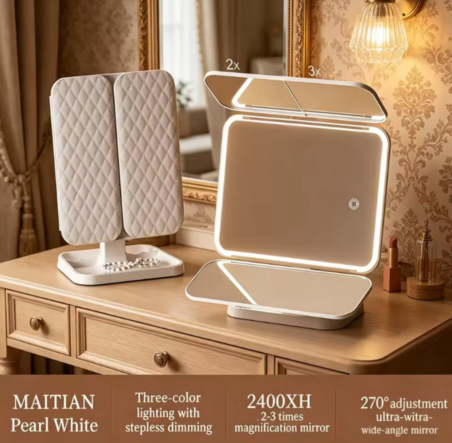 Tri-Fold Rechargeable Rotating LED Makeup Mirror with three Lightening Modes