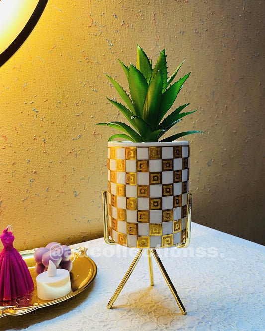 New Cermaic Flower Pot with Metal Golden Stand Showpiece for Home Decoration
