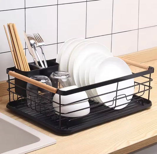 Kitchen Dish Drain Rack with Wooden Handles