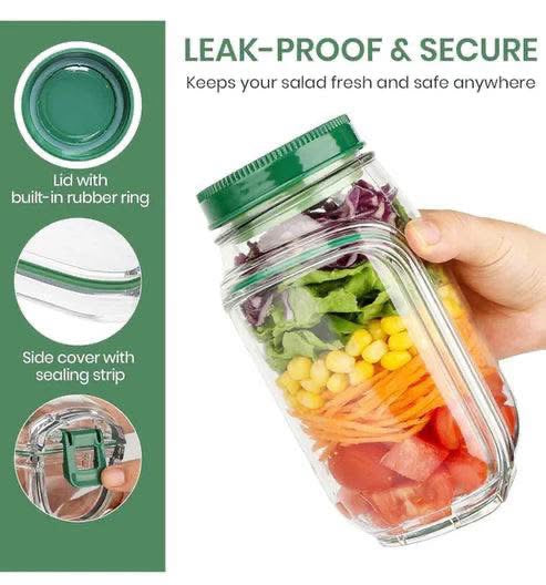 Side Opening Leakproof Salad Jar with Lid, Fork & Sauce Container