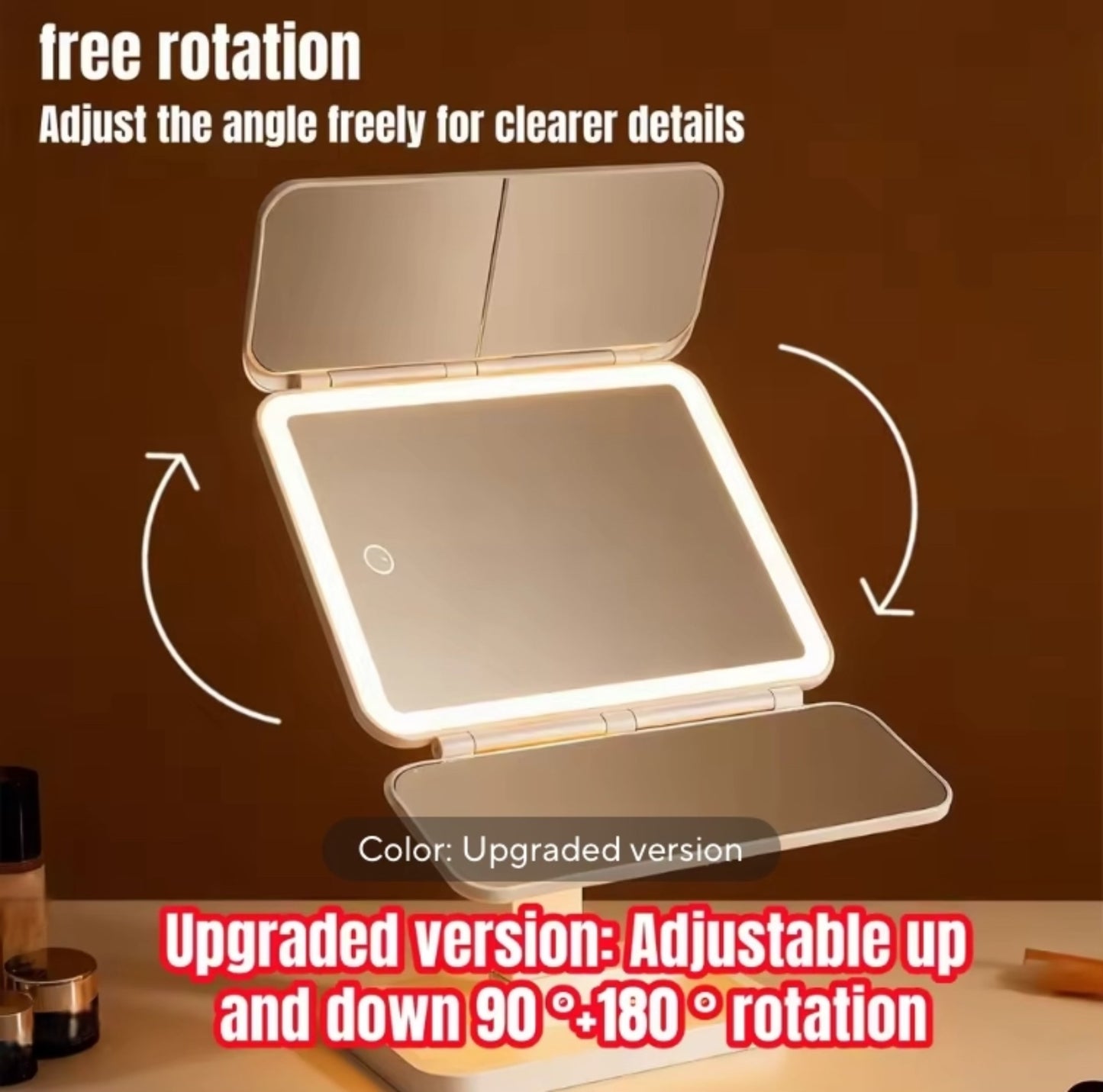 Tri-Fold Rechargeable Rotating LED Makeup Mirror with three Lightening Modes
